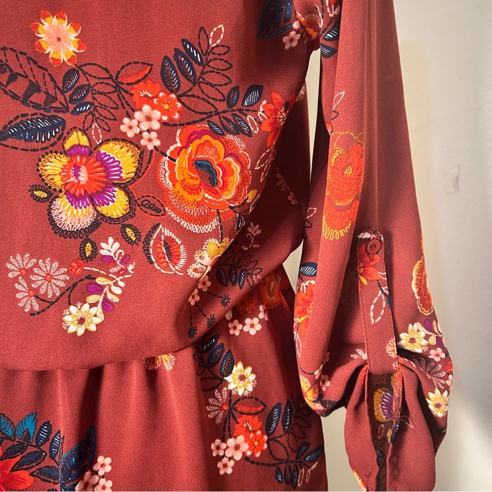 Red Floral Romper Attached Choker. Long 3/4 Sleeve Size Medium Timing Mini - Picture 6 of 13